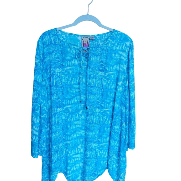Blue Patterned Long Sleeve Shark-hem Top L - Picture 1 of 7